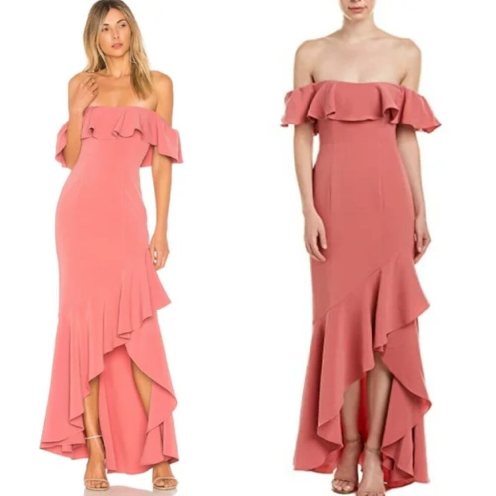 Likely Cabrera Gown in Mauvewood Ruffle Asymmetrical Off Shoulder Pink Size 0